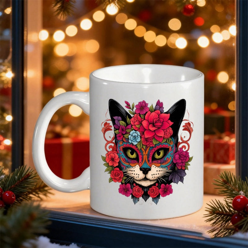 Tailorly White Ceramic 11 oz Mug - Ornate Floral Patterns With Colorful Roses Adorning A Mystical Sugar Skull Cat