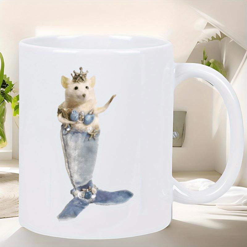 Tailorly White Ceramic 11 oz Mug - Adorable Little Royal Mermaid Tail Wearing A Golden Crown Majestic Fantasy Mouse
