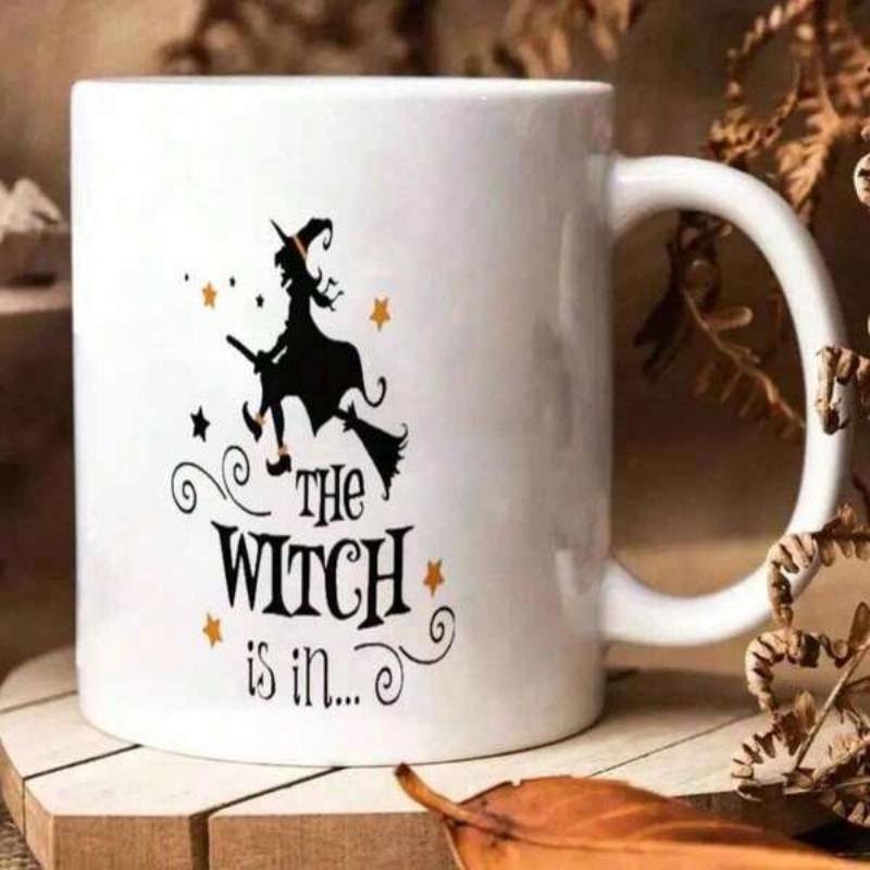 Tailorly White Ceramic 11 oz Mug - The Witch Is In Silhouette Of A Flying Sorceress Riding A Broomstick Among Golden Stars Witch