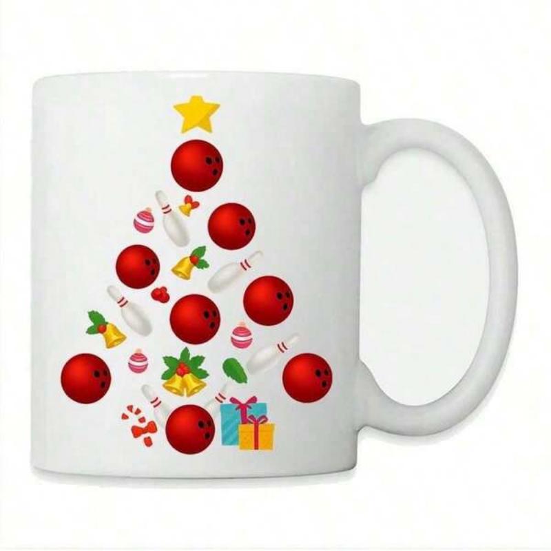 Tailorly White Ceramic 11 oz Mug - Festive Christmas Tree Arranged With Red Bowling Balls And White Pins Tree