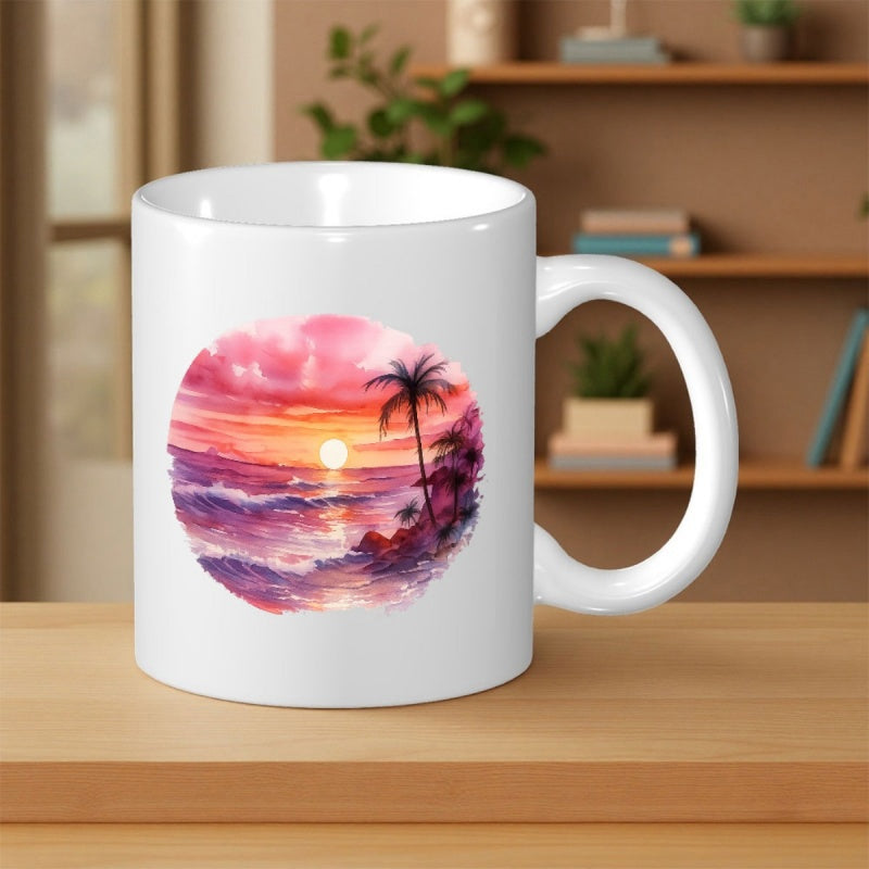 Tailorly White Ceramic 11 oz Mug - Watercolor Tropical Beach With Palm Tree Over Purple Ocean Waves Landscape