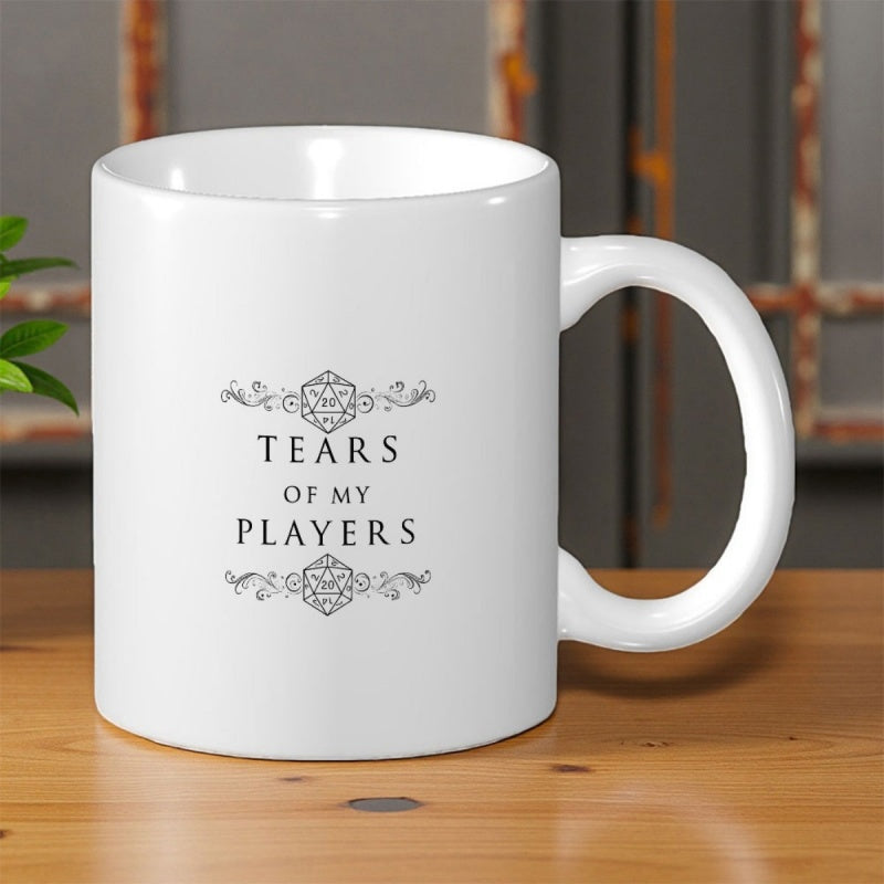Tailorly White Ceramic 11 oz Mug - Tears Of My Players Vintage Style Minimalist Geometric Twenty Sided Dice With Elegant Decorative Filigree Dice
