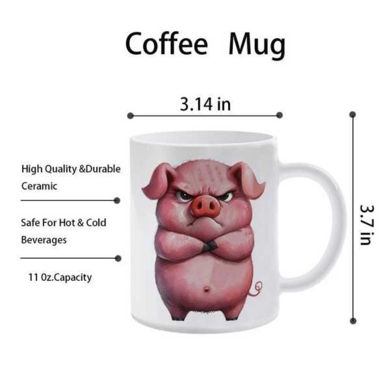 Tailorly White Ceramic 11 oz Mug - Angry Grumpy Pink Pig Standing With Crossed Arms And Fierce Determined Expression Pig