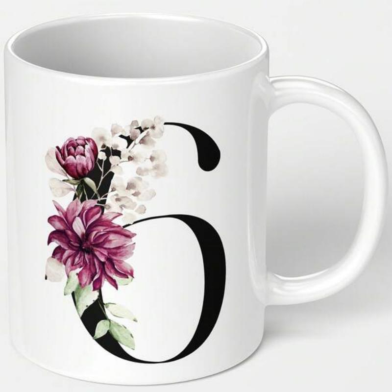 Tailorly White Ceramic 11 oz Mug - Elegant Floral Arrangement With Purple Petals Wrapped Around A Large Black Number