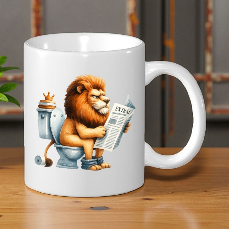Tailorly White Ceramic 11 oz Mug - Extra Majestic King Sitting On Toilet Reading Newspaper With Golden Mane Lion