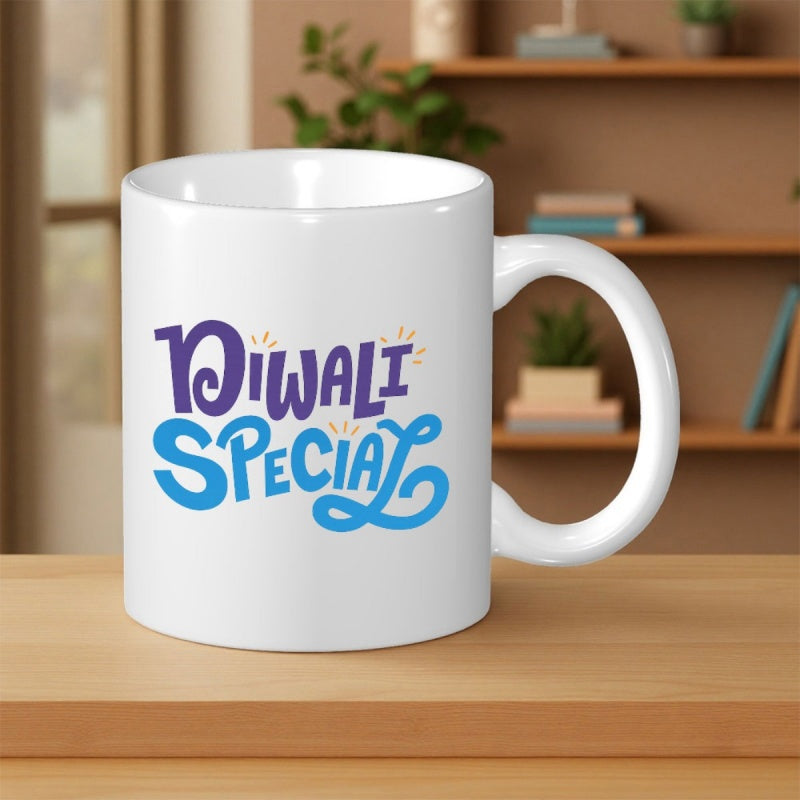 Tailorly White Ceramic 11 oz Mug - Diwali Special Clean Minimalist White Ceramic With Colorful Artistic Festive Holiday Lettering Mug
