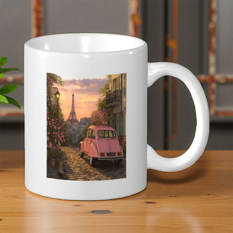 Tailorly White Ceramic 11 oz Mug - Romantic Parisian Street With Pink Car Under Golden Sunset Landscape