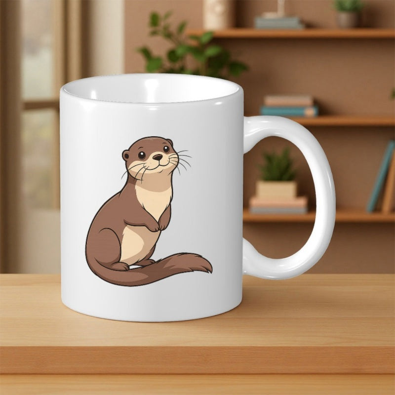 Tailorly White Ceramic 11 oz Mug - Adorable Cartoon Animal Sitting With A Gentle Smile On Its Face Otter