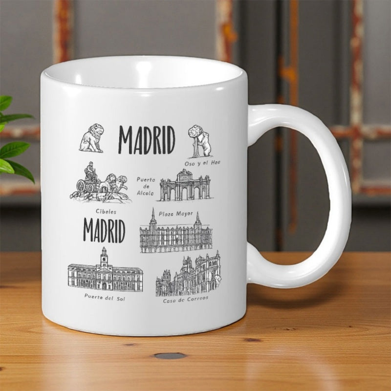 Tailorly White Ceramic 11 oz Mug - Madrid Sketch Style Illustrations Of Famous Spanish Landmark Architecture And Historic Monuments Mug