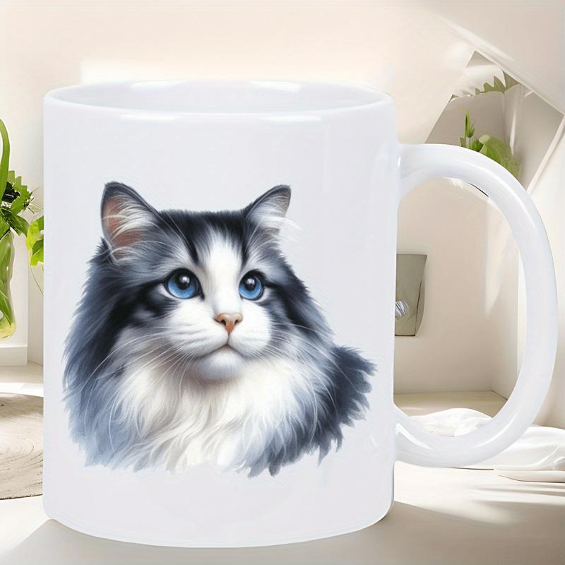 Tailorly White Ceramic 11 oz Mug - Elegant Fluffy Long Haired Feline With Striking Blue Eyes And Soft Fur Cat