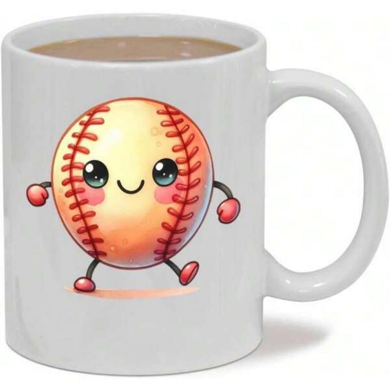 Tailorly White Ceramic 11 oz Mug - Cute Smiling Cartoon Character Walking On A Clean White Ceramic Baseball
