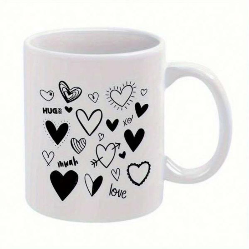 Tailorly White Ceramic 11 oz Mug - Hugs Mwah Xo Love Dainty Hand Drawn Artistic Hearts Scattered In A Joyful Creative Pattern Hearts