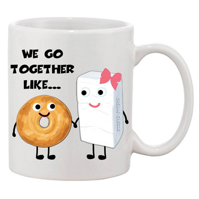 Tailorly White Ceramic 11 oz Mug - We Go Together Like Cute Bagel And Cream Cheese Characters Holding Hands Under Bold Text Bagel