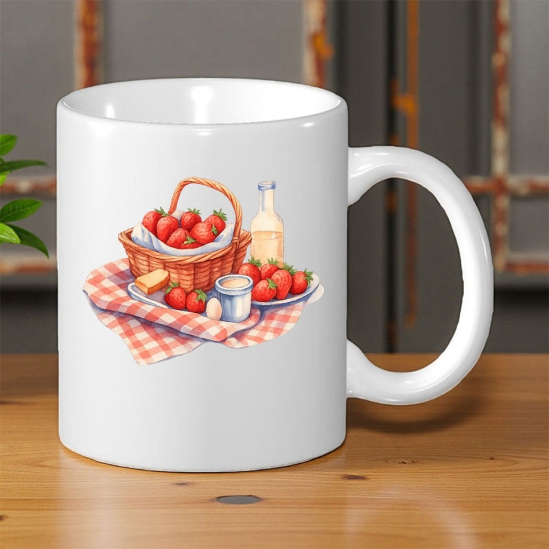 Tailorly White Ceramic 11 oz Mug - Fresh Red Strawberries In Woven Basket On Checkered Picnic Cloth Basket