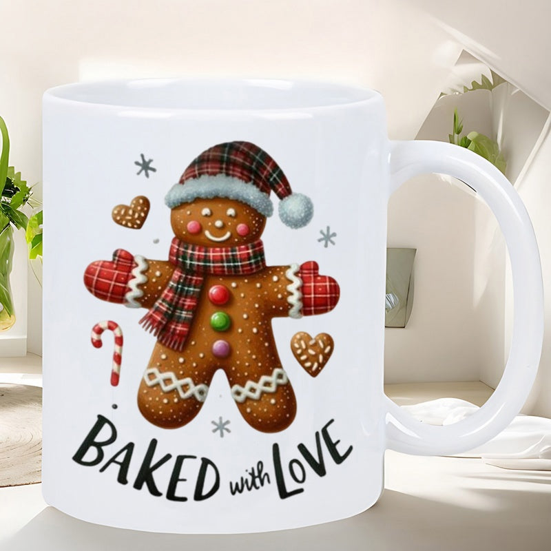 Tailorly White Ceramic 11 oz Mug - Baked With Love Festive Holiday Cookie Wearing Plaid Hat And Scarf Among Hearts Gingerbread Man