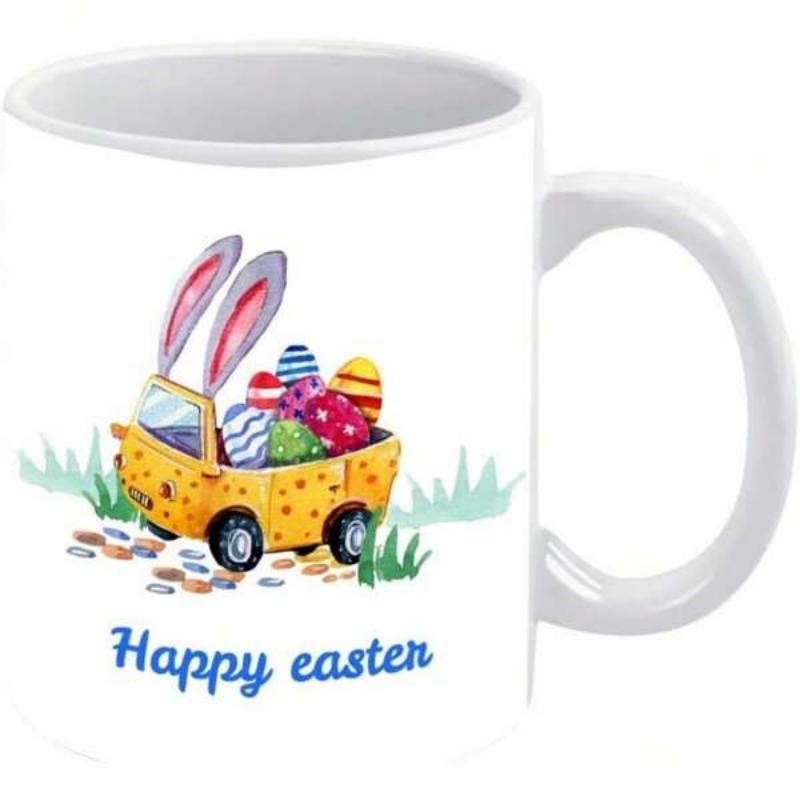 Tailorly White Ceramic 11 oz Mug - Happy Easter Charming Watercolor Car Carrying Many Colorful Patterned Festive Eggs Car