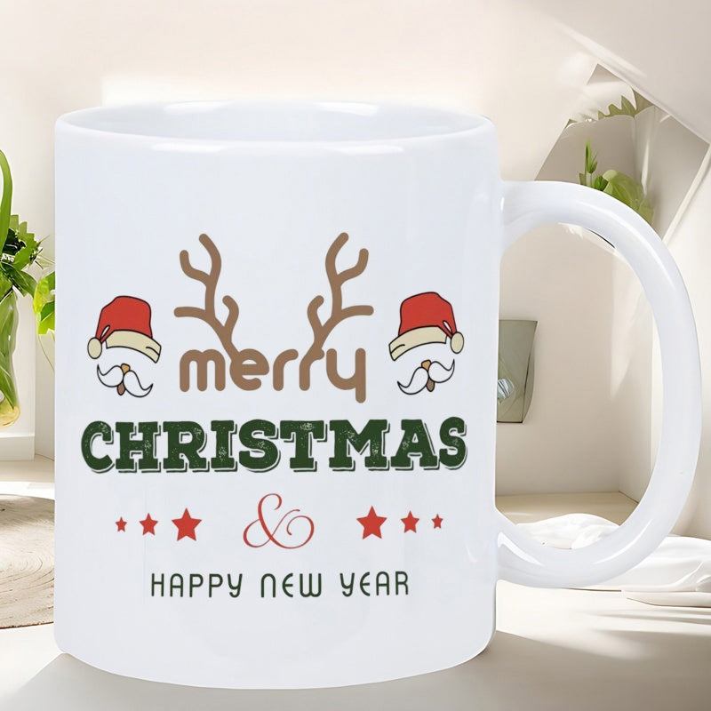 Tailorly White Ceramic 11 oz Mug - Merry Christmas Happy New Year Festive Holiday Symbols Including Santa Hats And Small Red Stars Reindeer