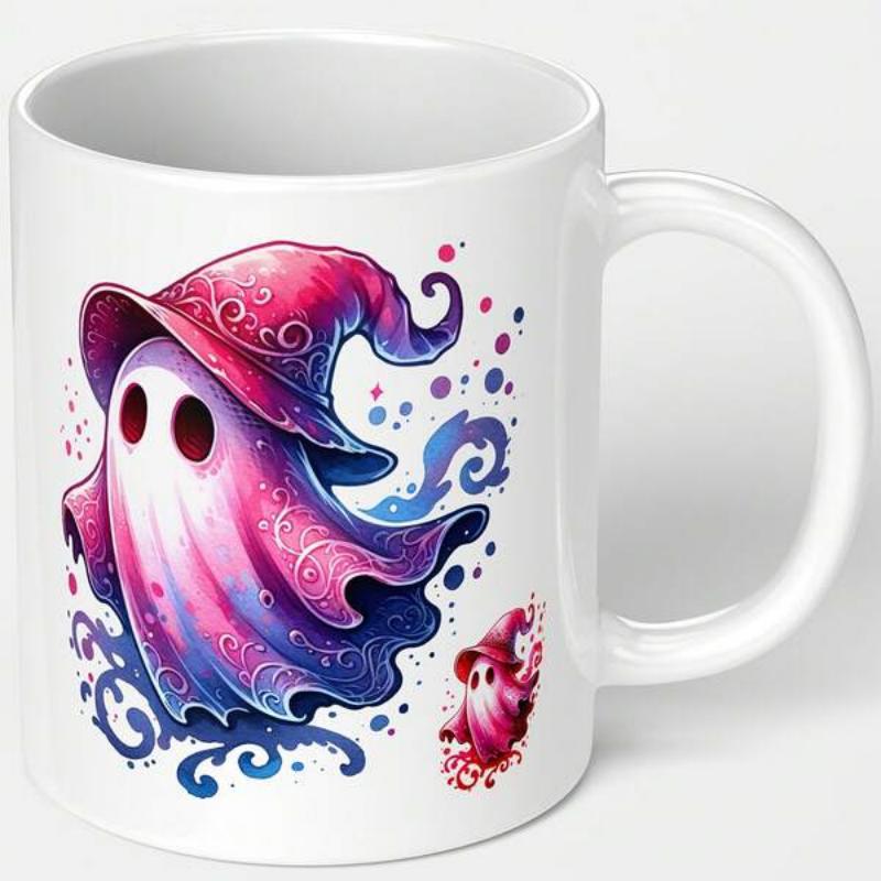 Tailorly White Ceramic 11 oz Mug - Magical Pink Wizard Hat Floating Among Whimsical Swirls Of Color Serene Ghost