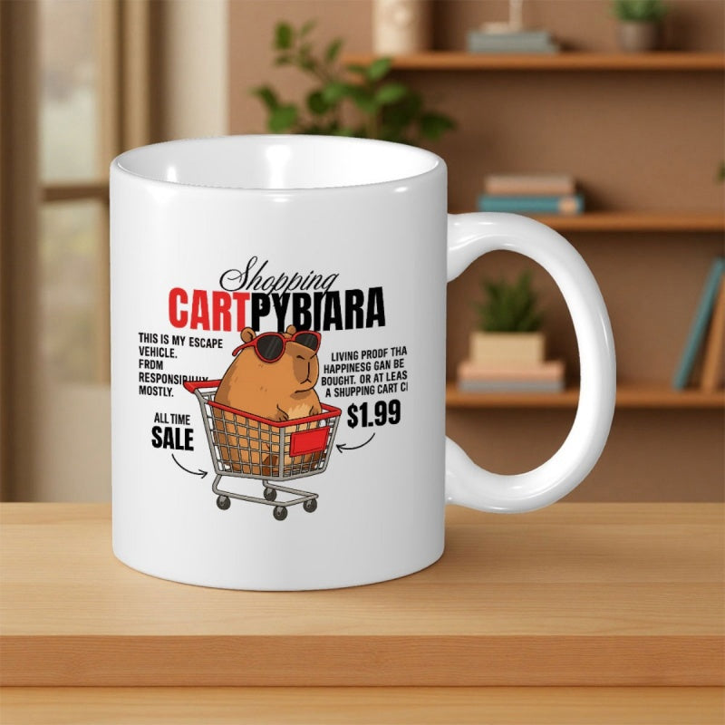 Tailorly White Ceramic 11 oz Mug - Shopping Cartpybara Cool Capybara Wearing Sunglasses Sitting Inside A Red Shopping Capybara