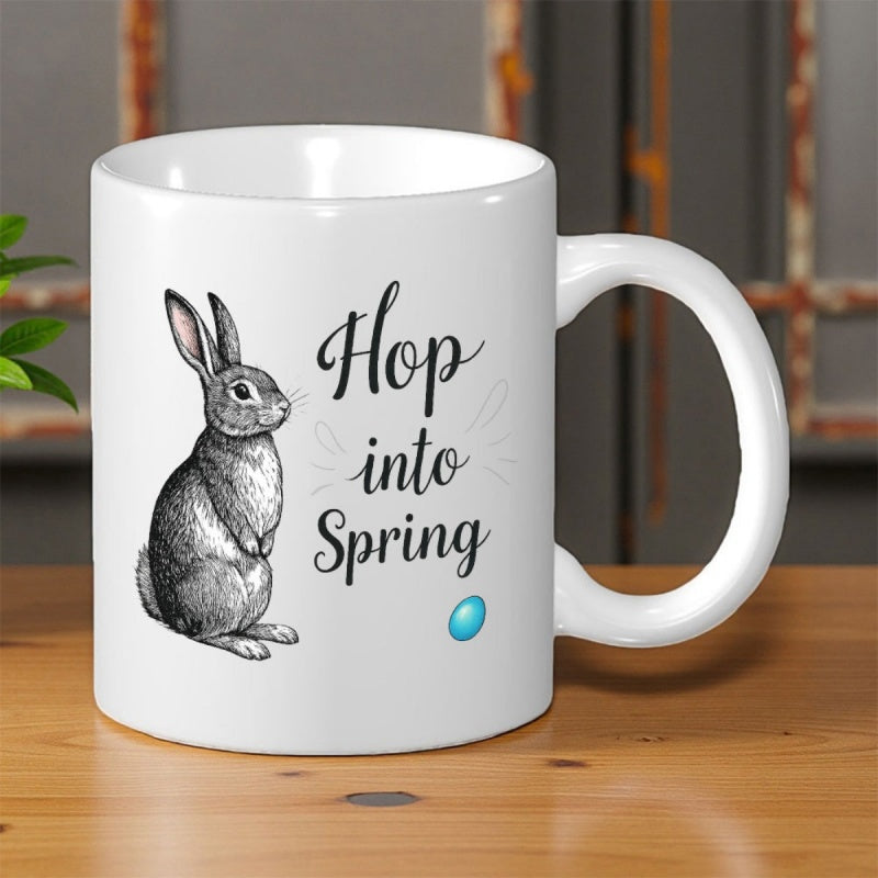Tailorly White Ceramic 11 oz Mug - Hop Into Spring Vintage Sketch Style Sitting Hare Under Artistic Calligraphy Rabbit