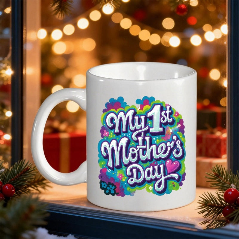 Tailorly White Ceramic 11 oz Mug - My 1st Mother's Day Colorful Vibrant Floral Clouds With Soft Bubbly Texture Decorative Mug