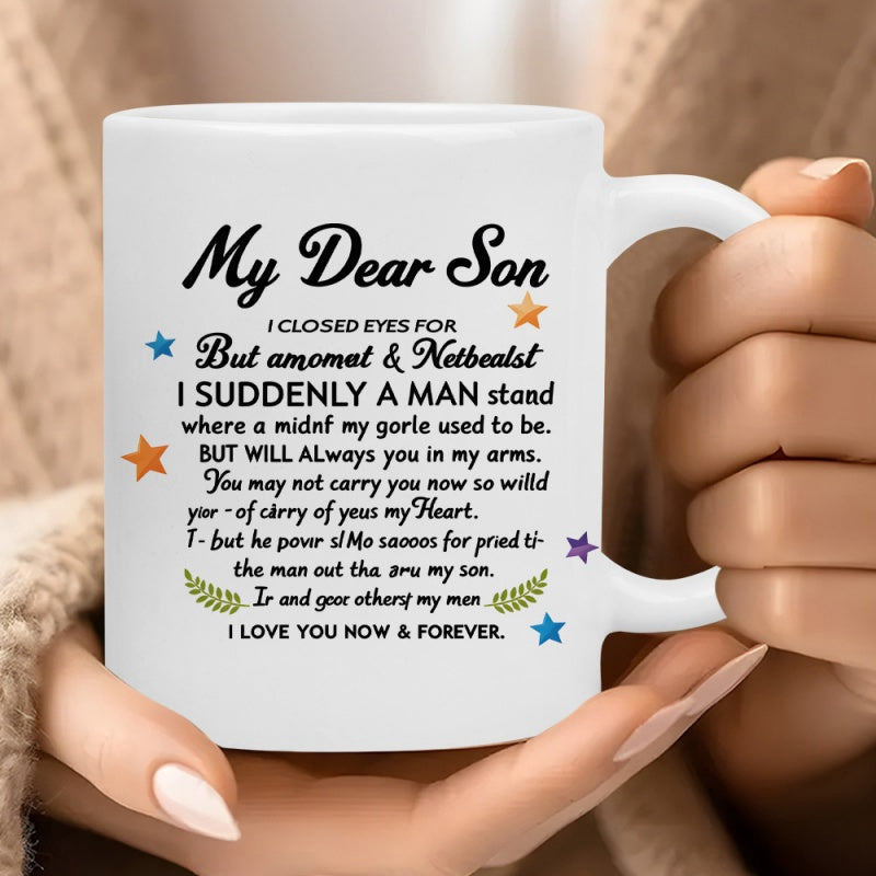 Tailorly White Ceramic 11 oz Mug - My Dear Son I Love You Now Forever Elegant Script With Colorful Stars And Small Green Leaves Ceramic Mug