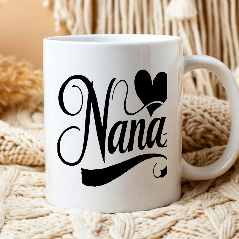 Tailorly White Ceramic 11 oz Mug - Nana Artistic Script Design With Solid Black Heart And Elegant Swash Mug
