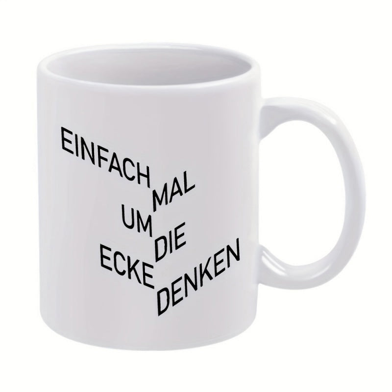 Tailorly White Ceramic 11 oz Mug - Minimalist White Ceramic Vessel Featuring Geometric Staircase Pattern Black Typography Mug