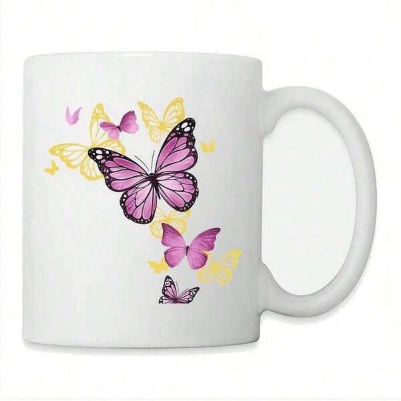 Tailorly White Ceramic 11 oz Mug - Colorful Winged Insects Flying Gracefully Among Soft Pink And Yellow Silhouettes Butterfly