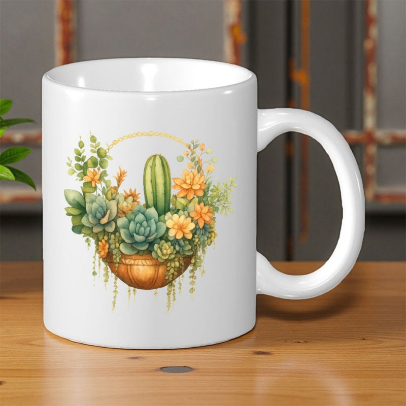 Tailorly White Ceramic 11 oz Mug - Vibrant Potted Succulents And Cactus Arrangement Within A Golden Circle Floral Succulents