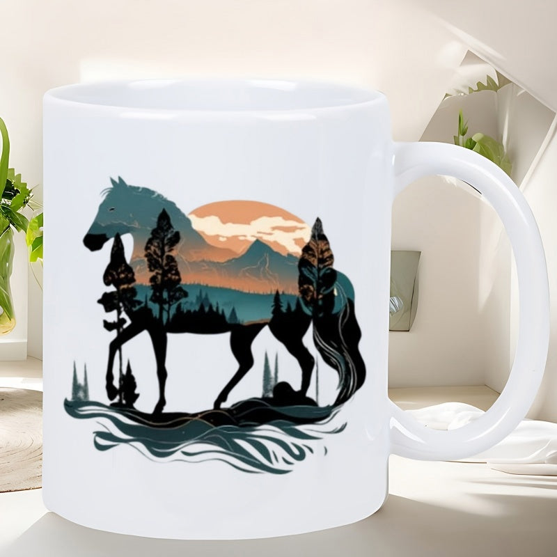 Tailorly White Ceramic 11 oz Mug - Majestic Silhouette Containing Sunset Mountains And Pine Trees Over Flowing Water Horse