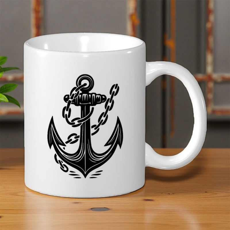 Tailorly White Ceramic 11 oz Mug - Nautical Vintage Style Black Heavy Steel Wrapped In Linked Chain Anchor