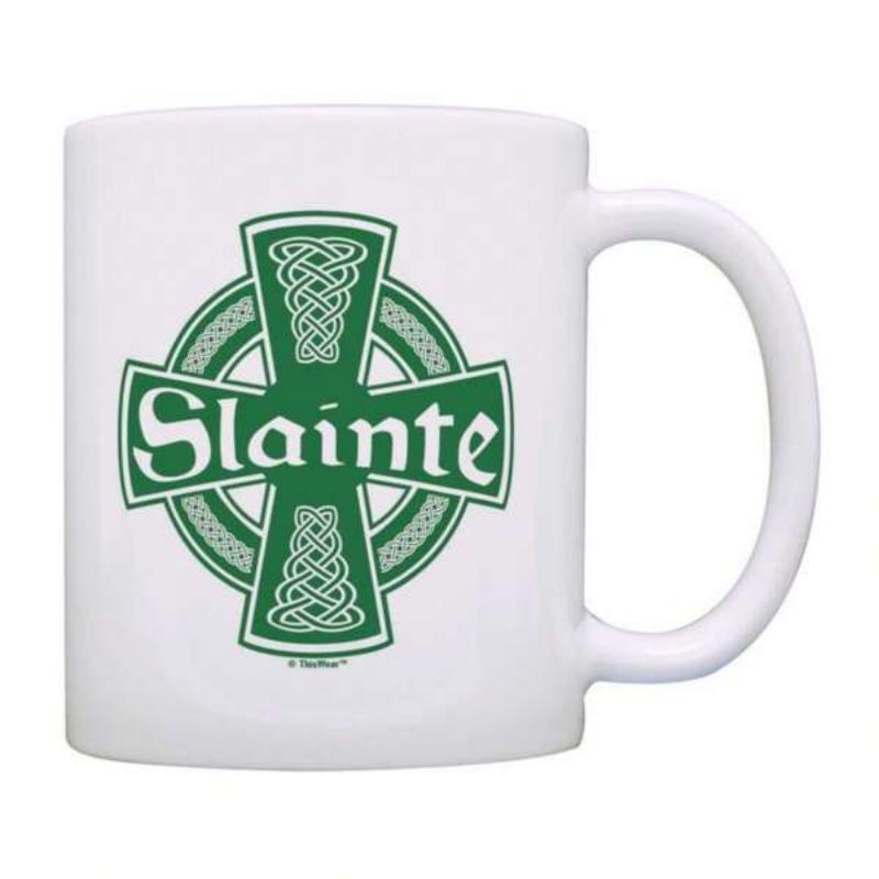 Tailorly White Ceramic 11 oz Mug - Sláinte Intricate Green Celtic Knotwork Details Embedded Within A Traditional High Cross