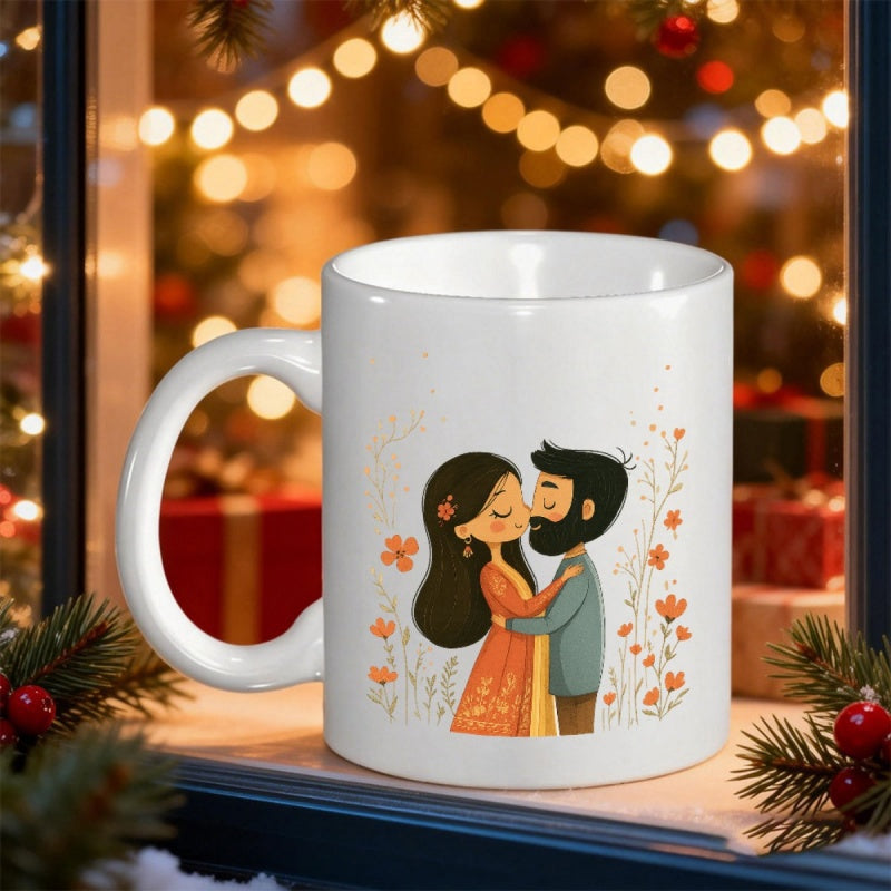 Tailorly White Ceramic 11 oz Mug - Romantic Cartoon Characters Embracing Among Delicate Tiny Orange Blossoms And Foliage Couple