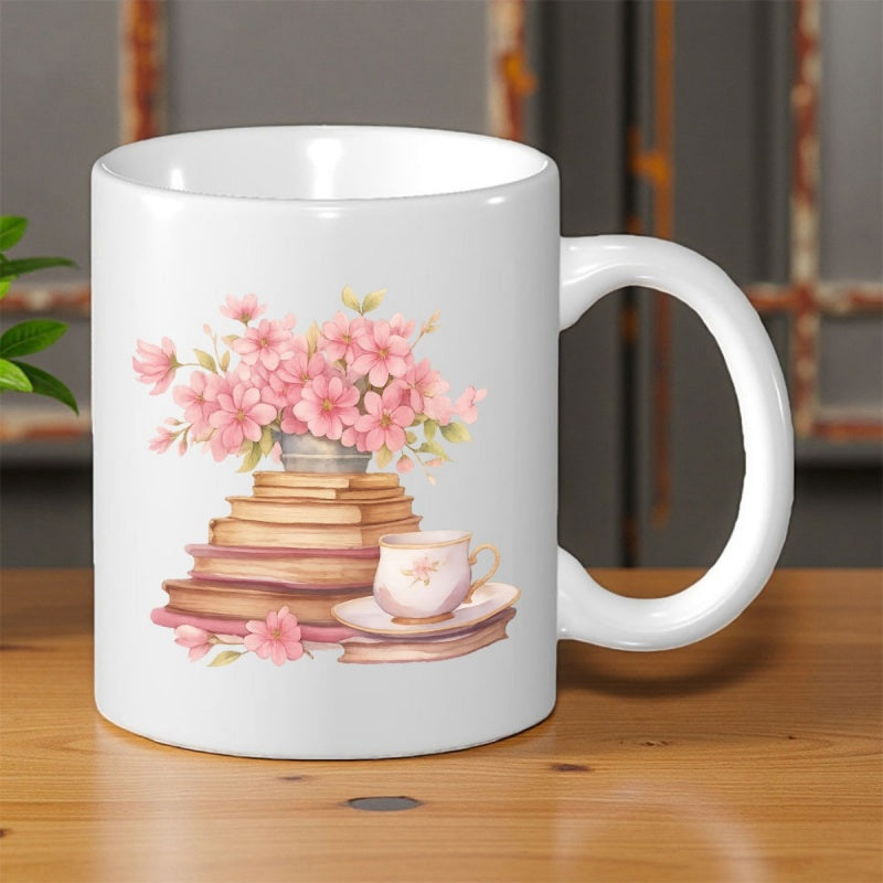 Tailorly White Ceramic 11 oz Mug - Stacked Vintage Books Featuring Blooming Pink Flowers And A Delicate Teacup Blossom