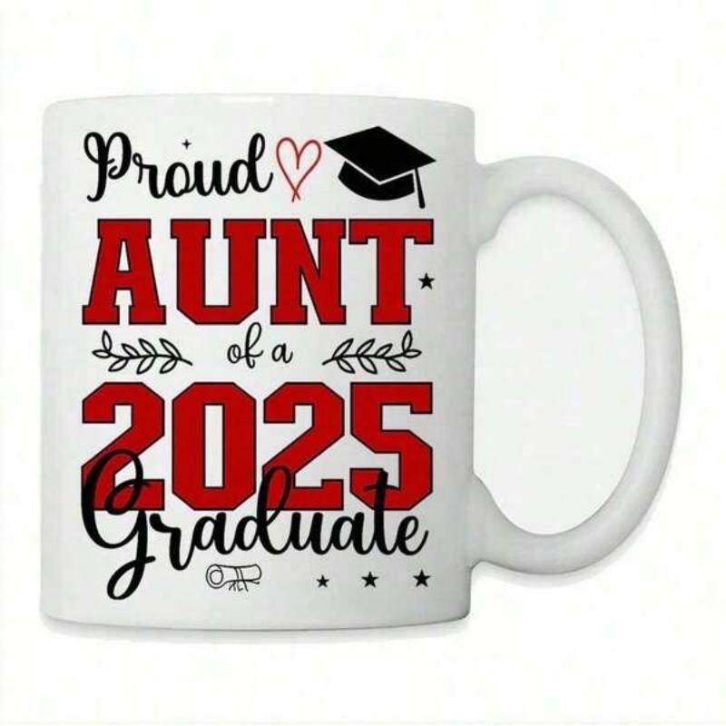 Tailorly White Ceramic 11 oz Mug - Proud Aunt Of A 2025 Graduate Graduation Cap With Heart And Stars Among Decorative Leaves Mug