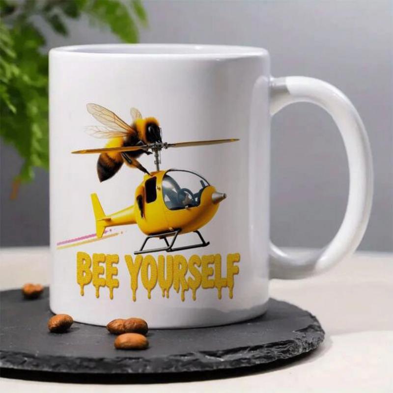 Tailorly White Ceramic 11 oz Mug - Bee Yourself Whimsical Bumblebee Pilot Operating A Small Bright Yellow Flying Mechanical Helicopter