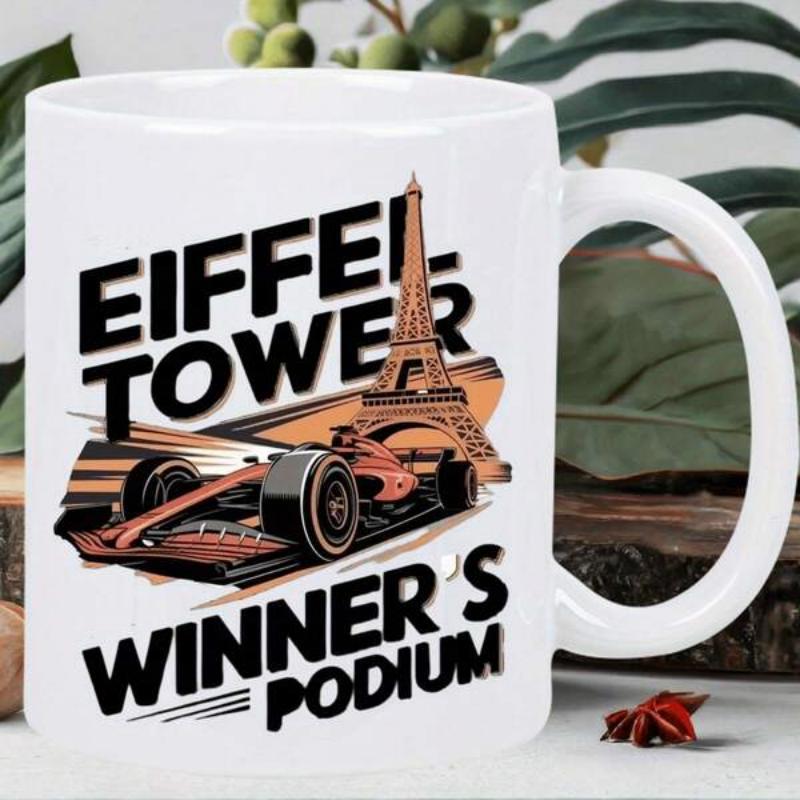 Tailorly White Ceramic 11 oz Mug - Eiffel Tower Winner's Podium Fast Racing Car Speeding Past The Iconic Paris Landmark Racing Car