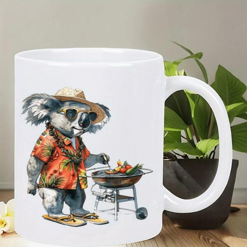 Tailorly White Ceramic 11 oz Mug - Cool Cartoon Koala Wearing Sunglasses And Tropical Shirt Cooking Outdoor Barbecue Koala