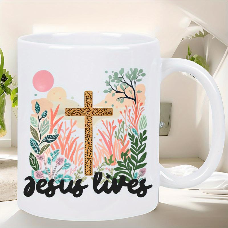 Tailorly White Ceramic 11 oz Mug - Jesus Lives Golden Glitter Texture Surrounded By Colorful Botanical Leaves And Pink Sun Cross