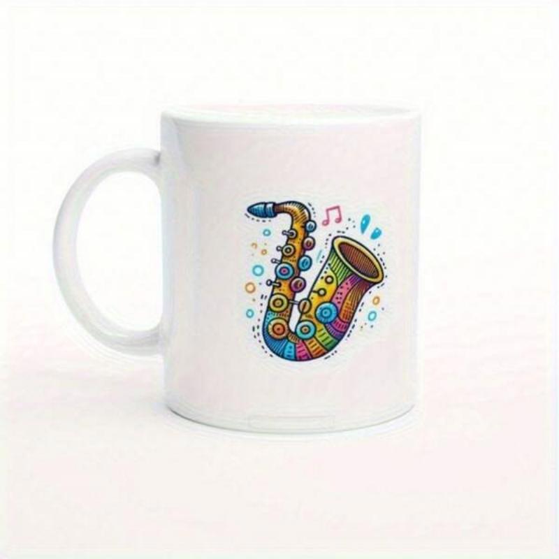 Tailorly White Ceramic 11 oz Mug - Stylized Pop Art Musical Instrument With Flowing Notes And Playful Patterns Saxophone