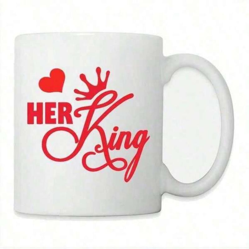 Tailorly White Ceramic 11 oz Mug - Her King Small Red Heart And Royal Crown Symbol Above Elegant Cursive Mug