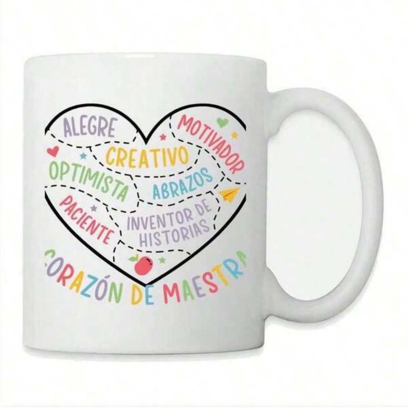 Tailorly White Ceramic 11 oz Mug - Vibrant Colorful Words Within Dotted Lines Forming A Symbolic Teacher Heart