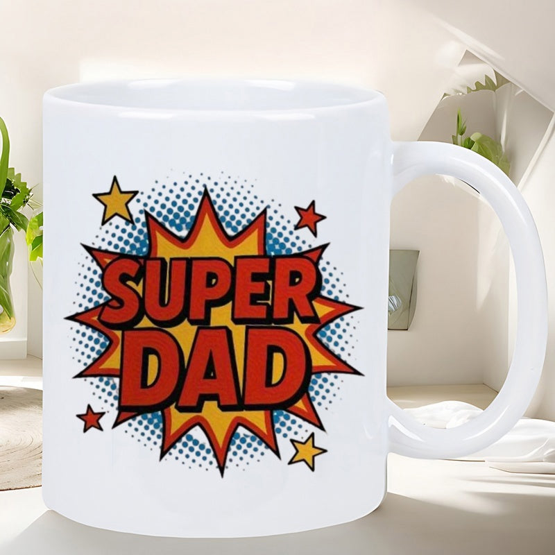 Tailorly White Ceramic 11 oz Mug - Super Dad Vibrant Comic Book Burst Style With Stars And Halftone Dot Patterns Mug