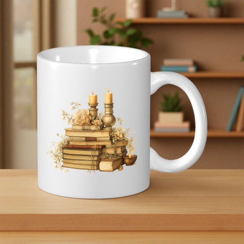 Tailorly White Ceramic 11 oz Mug - Vintage Golden Literature Stacked Under Warm Glowing Candles Among Delicate Floral Accents Books