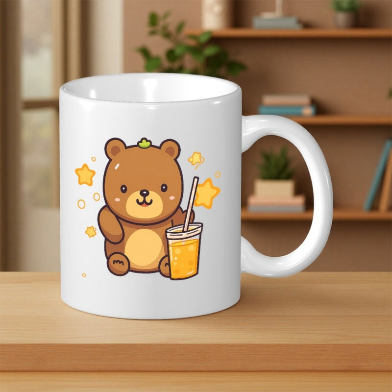 Tailorly White Ceramic 11 oz Mug - Cute Cartoon Brown Bear Holding Juice Cup Surrounded By Glowing Stars Bear
