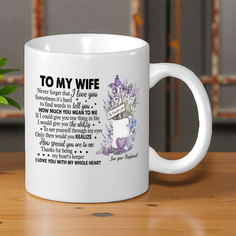 Tailorly White Ceramic 11 oz Mug - To My Wife Beautiful Lavender Floral Bouquet With Butterflies And Small Purple Heart Mug