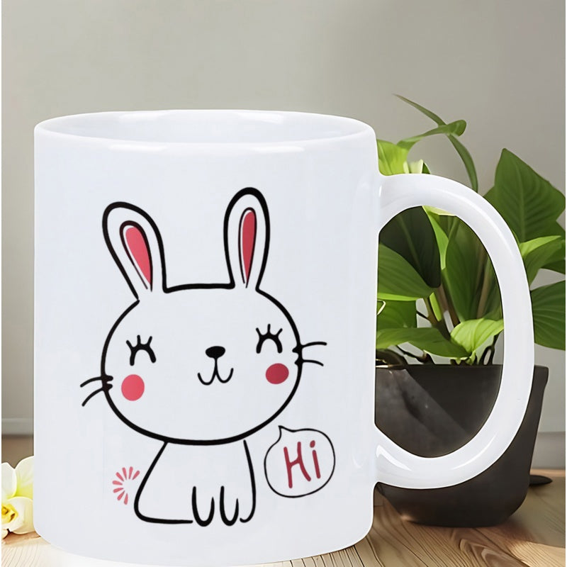 Tailorly White Ceramic 11 oz Mug - Hi Cute Simple Line Art Bunny With Pink Ears And Rosy Cheeks Rabbit