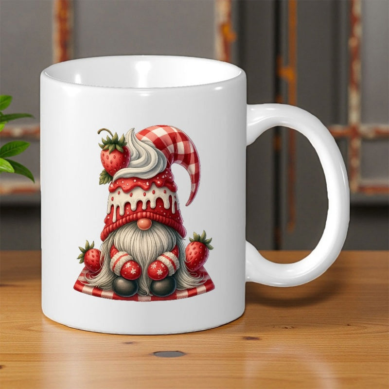 Tailorly White Ceramic 11 oz Mug - Sweet Creamy Red Plaid Hat Surrounded By Ripe Delicious Strawberries Gnome