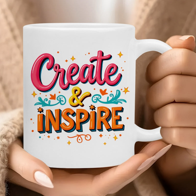 Tailorly White Ceramic 11 oz Mug - Create Inspire Vibrant Artistic Typography With Festive Colorful Swirls And Shining Stars Mug